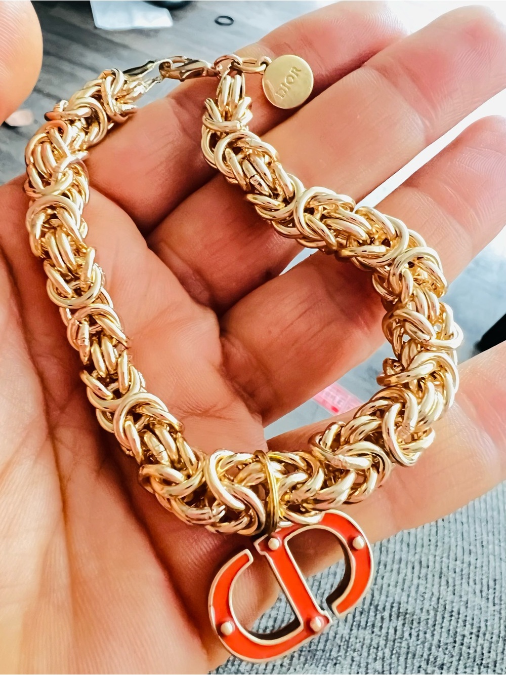 Upcycled fashion Gold-Tone Chain Bracelet with Coral Enamel Charm size 8